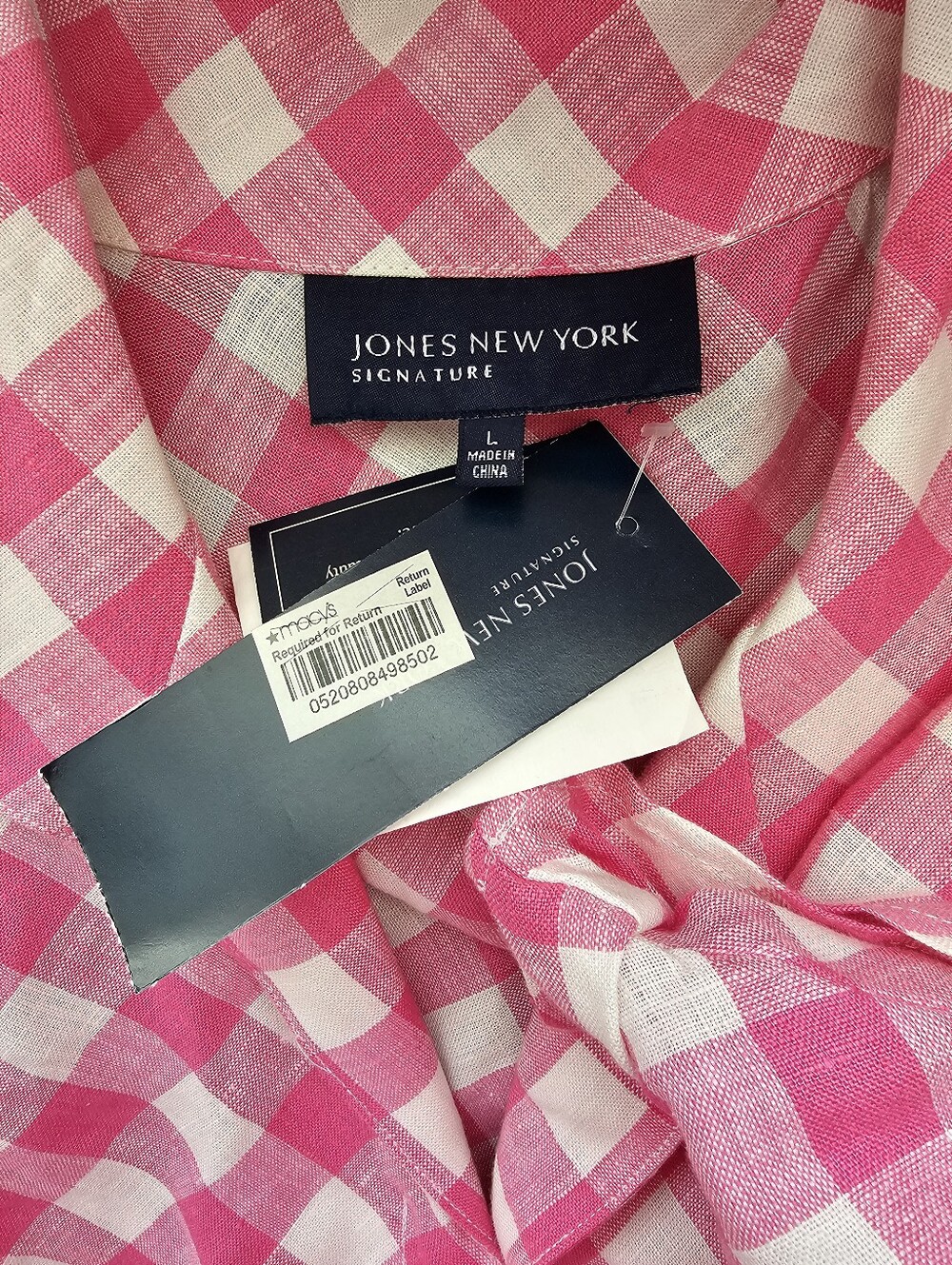 Jones New York Signature Pink Gingham Linen Blouse Size Large New With Tags - Picture 4 of 7